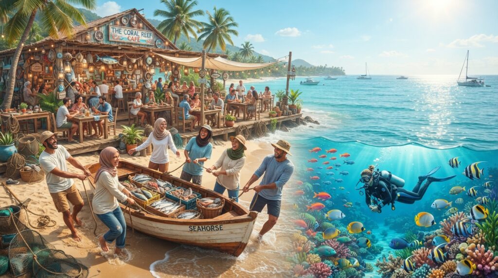pesca no oceano e gestão de restaurante